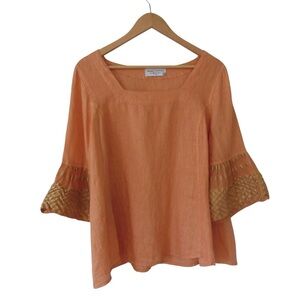 Haris Cotton Orange Linen Blouse Small Flared Sleeves Square Neck Breathable